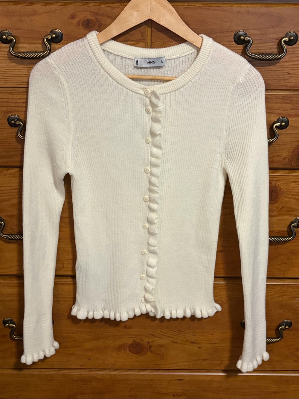 MNG Cream Ruffle-Trim Button-Front Knit Top